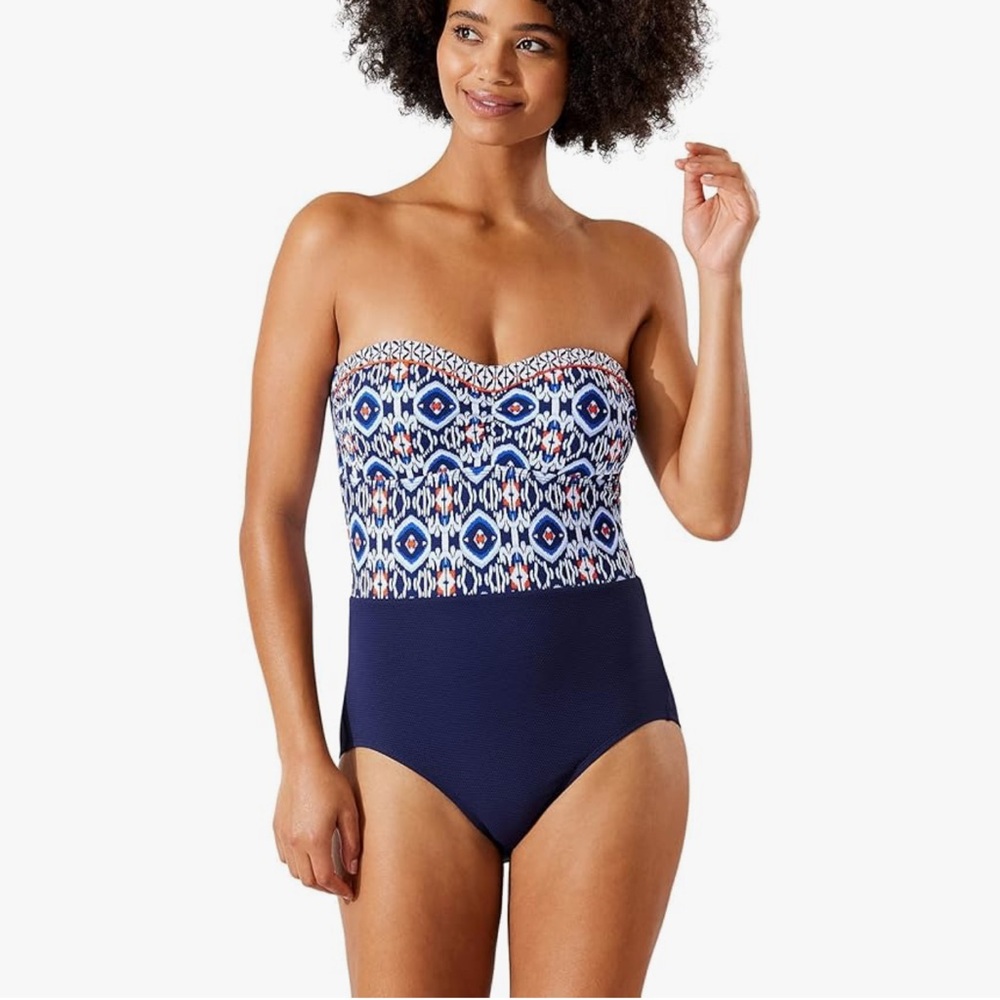 Tommy Bahama Blue and White One Piece Swimsuit bandeau style flattering new 12